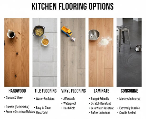 Different Kitchen Flooring material Options (Hardwood Flooring- Tile Flooring- Vinyl Flooring- Laminate Flooring- Concrete Flooring)