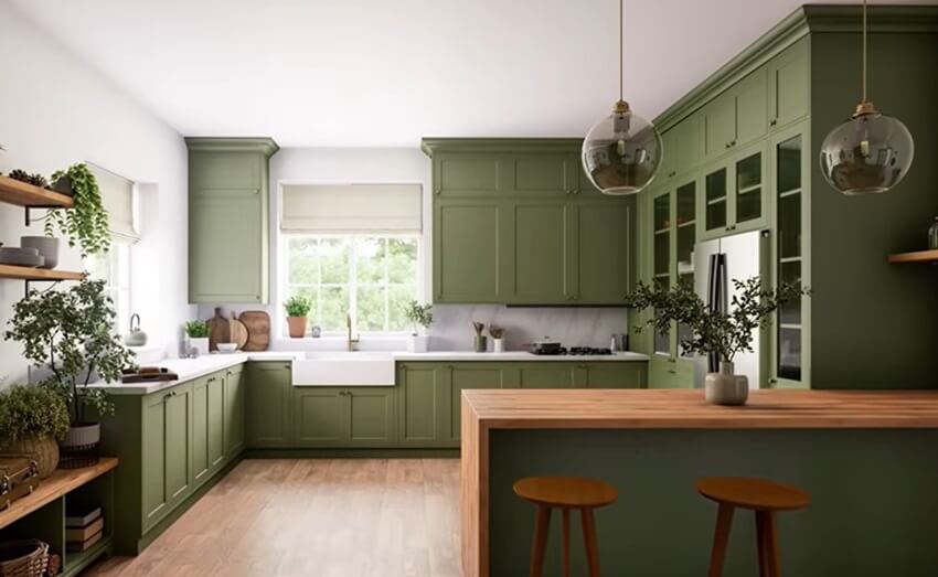 Encinitas Green Kitchen Design Remodel with green plant on island wooden table with wood chairs