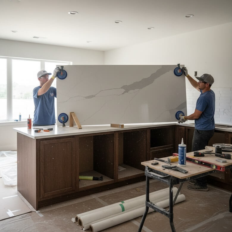Encinitas Kitchen Countertops Installation Service. with two men holding countertop marble while installing in kitchen.