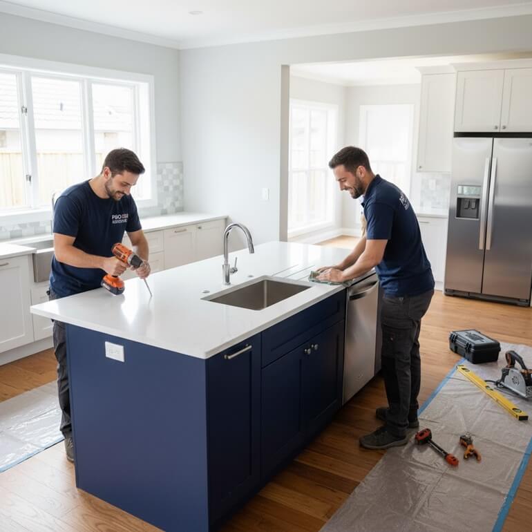 Encinitas Kitchen Island Installation Service with blue island and marble countertops