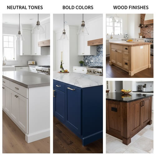 Encinitas kitchen Island Color and Finish Options Neutral Tones (White-Gray) Bold Colors (Navy) Wood Finishes (Light-Dark)