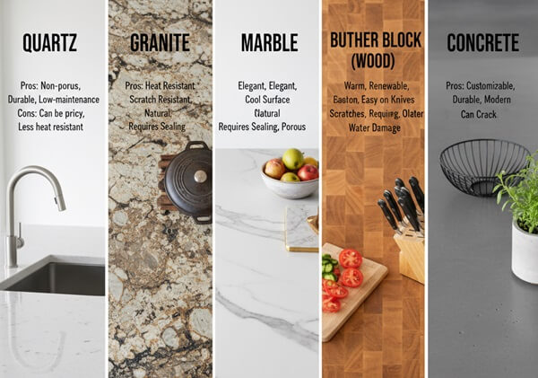 Encinitas kitchen Island Countertop Material Types for (Quartz- Granite- Marble- Butcher Block (Wood)- Concrete)