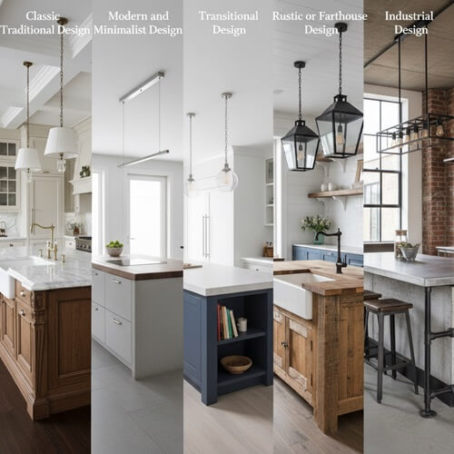 Encinitas kitchen Island Design Styles (Classic Traditional Design- Modern and Minimalist Design- Transitional Design- Rustic or Farmhouse Design- Industrial Design)