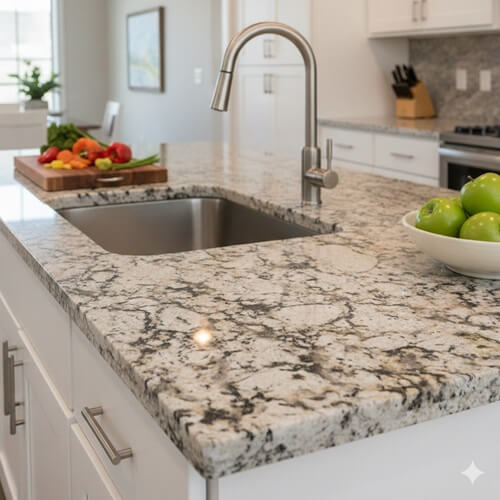 Granite Type of Kitchen Countertops-stunning natural beauty and exceptional durability with unique veining patterns
