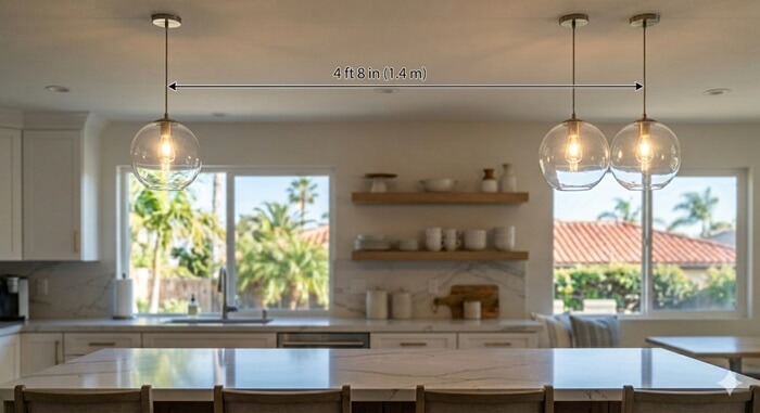 Incorrect spacing between pendants above kitchen countertop island is one Common Kitchen Lighting Problems Seen in Encinitas Homes