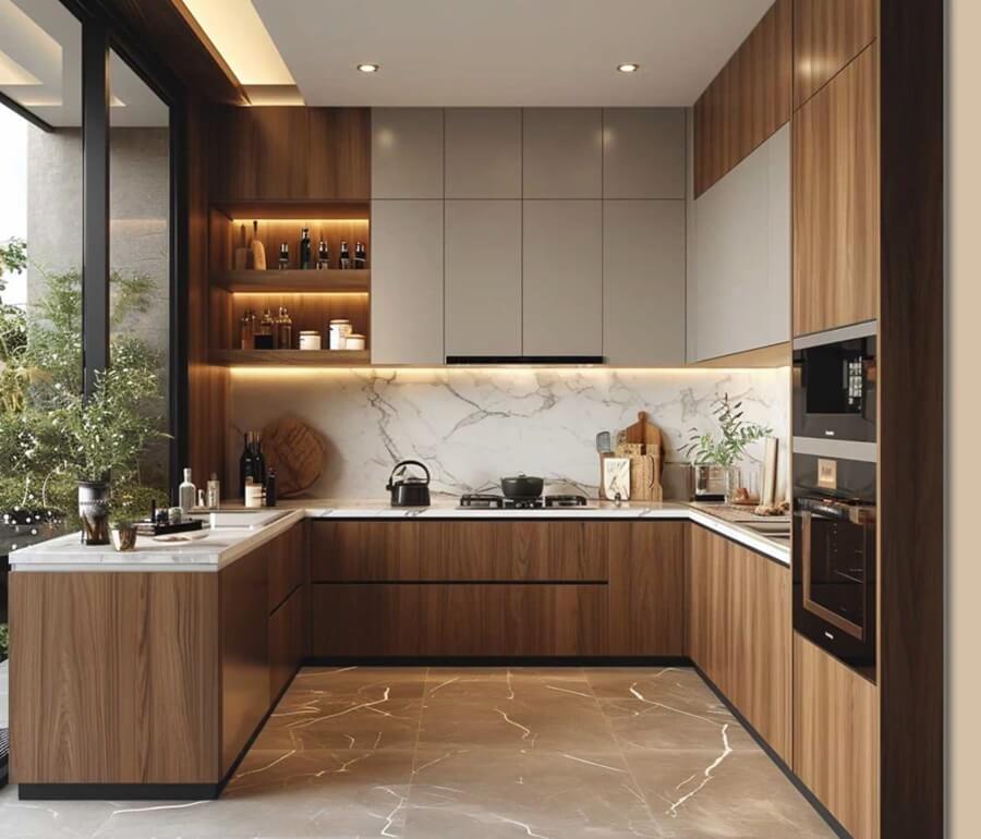 Modern Encinitas Kitchen remodel with brown cabinetry, spot lighting, marble backsplash and flooring