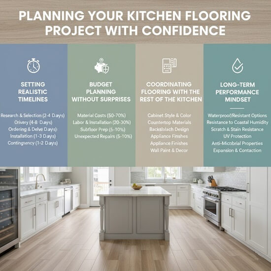 Planning Encinitas Kitchen Flooring Project with Confidence by (Setting Realistic Timelines- Budget Planning Without Surprises- Coordinating Flooring with the Rest of the Kitchen- Long Term Performance Mindset