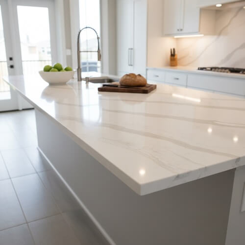 Quartz Type of Encinitas Kitchen Countertops. bright white kitchen featuring a large island with a Calacatta Luccia Quartz countertop, complete with prominent gray veining, a stainless steel sink and faucet, and a fresh bowl of green apples