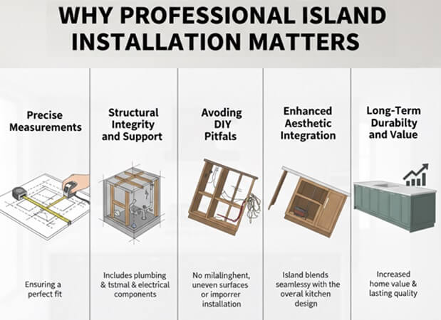 Why Professional Island Installation Matters by (Precise Measurements- Structural Integrity as plumbing or electrical components- Avoiding DIY Pitfalls as misalignment- Enhanced Aesthetic Integration- Long-Term Durability and Value)