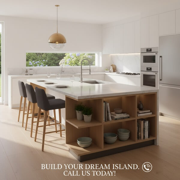 modern Encinitas kitchen island shows entire kitchen layout- demonstrate seating island and organized shelf area and faucet in island- window with sunny day tree outside window